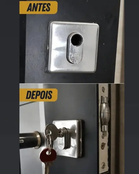 Antes e depois: cilindro danificado e fechadura consertada com chave nova